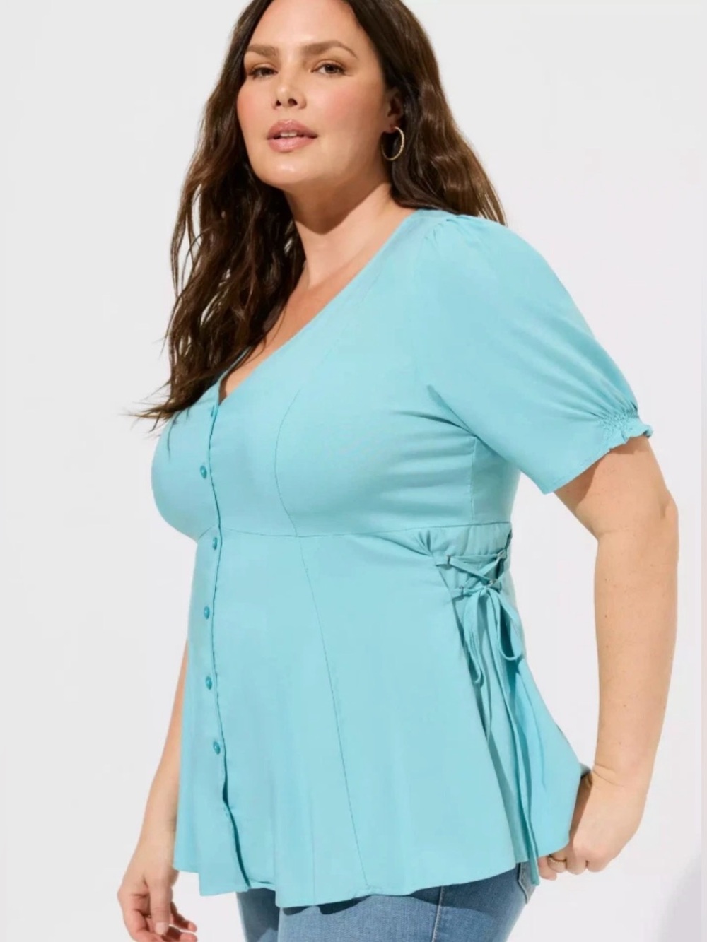 Torrid Size 1 Challis Side Tie Short Sleeve Top in Still Water Blue